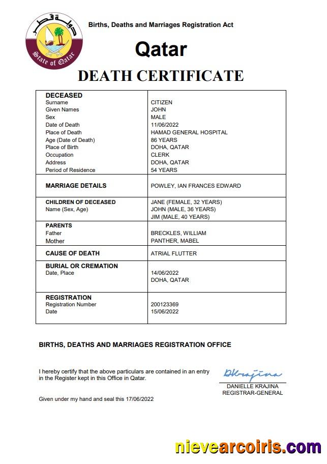 Qatar vital record death certificate